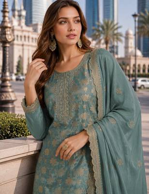Sky blue viscose muslin suit with sequin & zari work 2