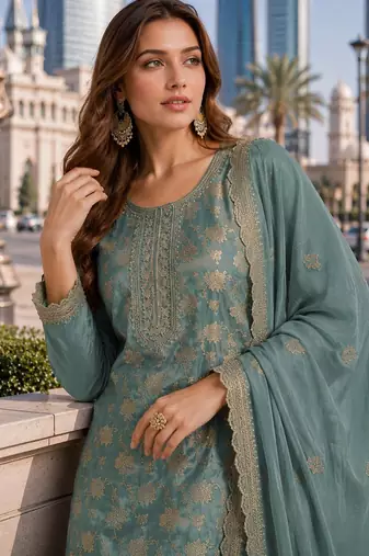 Sky blue viscose muslin suit with sequin & zari work