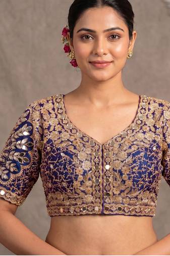 Purple italian silk heavy embroidered readymade blouse with real mirror and zari work