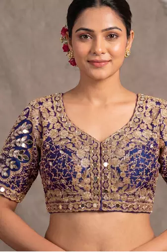 Purple italian silk heavy embroidered readymade blouse with real mirror and zari work