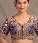 Purple italian silk heavy embroidered readymade blouse with real mirror and zari work