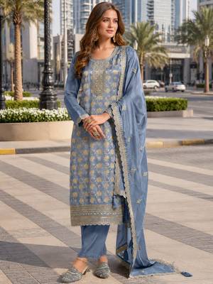 Blue viscose muslin suit with sequin & zari work 1
