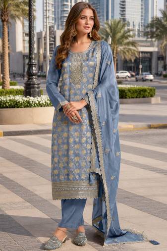 Blue viscose muslin suit with sequin & zari work