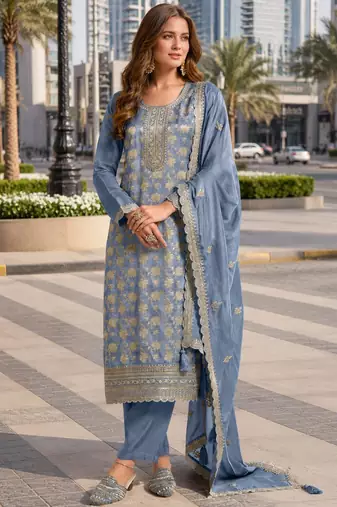 Blue viscose muslin suit with sequin & zari work