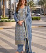 Blue viscose muslin semi stitched suit with sequence & zari work