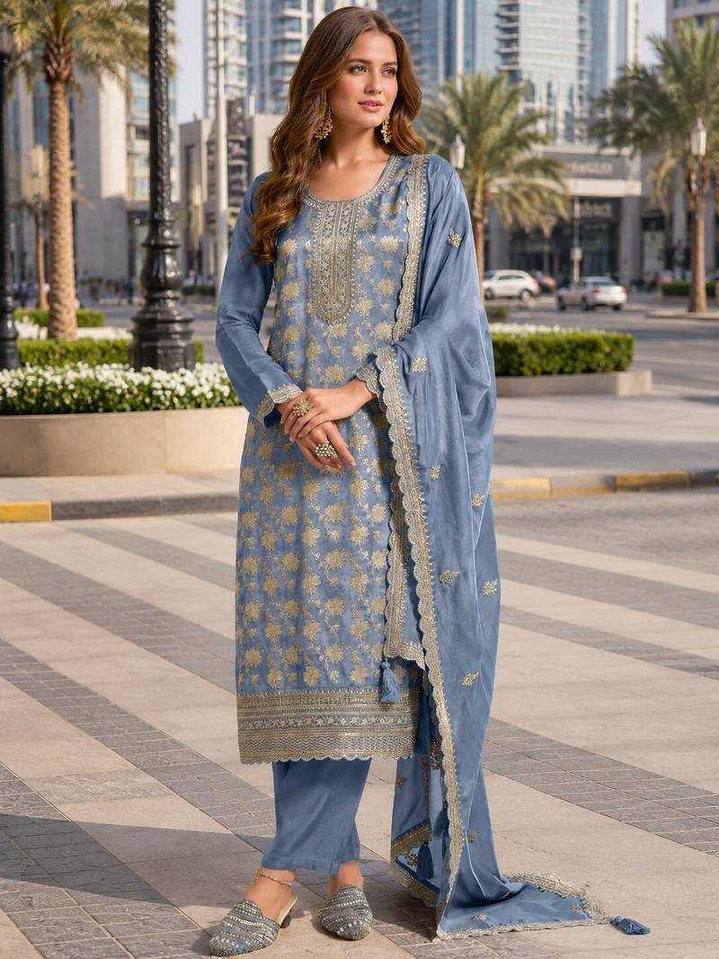 Blue viscose muslin semi stitched suit with sequence & zari work