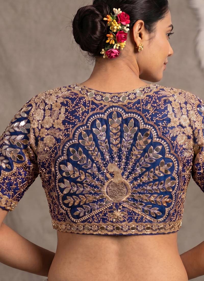 Purple italian silk heavy embroidered readymade blouse with real mirror and zari work