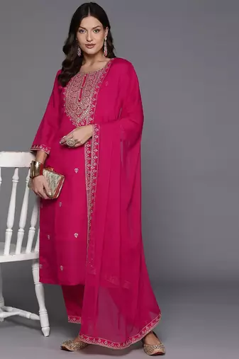 Women ethnic motifs yoke design regular sequinned kurta with trousers & dupatta