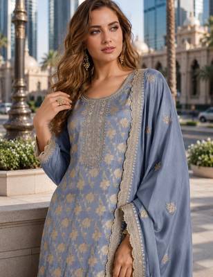 Blue viscose muslin suit with sequin & zari work 2