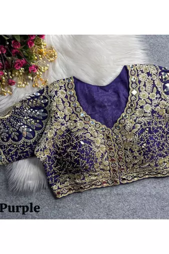 Purple italian silk heavy embroidered readymade blouse with real mirror and zari work