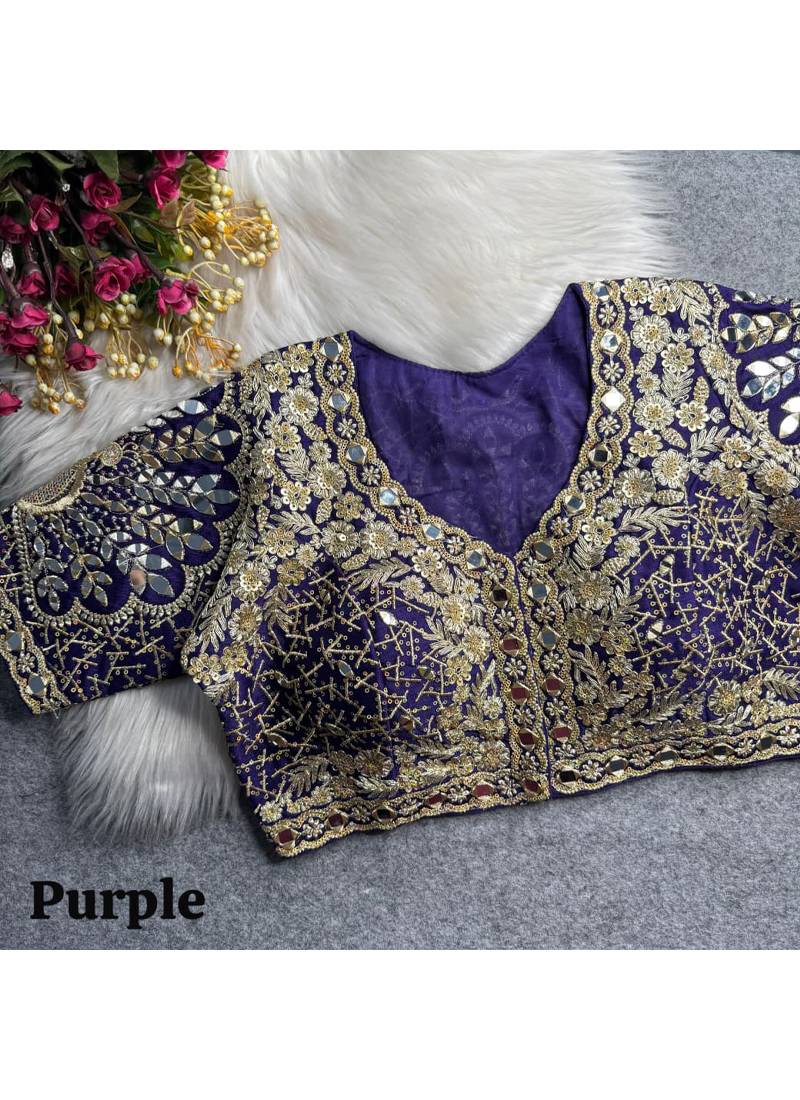 Purple italian silk heavy embroidered readymade blouse with real mirror and zari work