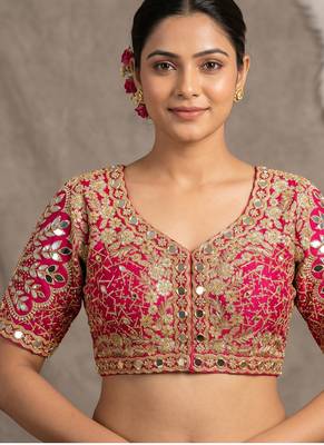Ranipink italian silk heavy embroidered readymade blouse with real mirror and zari work 1