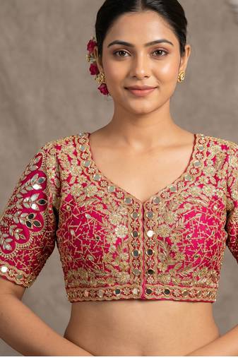 Ranipink italian silk heavy embroidered readymade blouse with real mirror and zari work