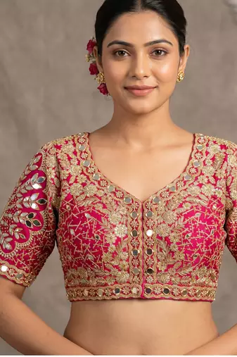 Ranipink italian silk heavy embroidered readymade blouse with real mirror and zari work