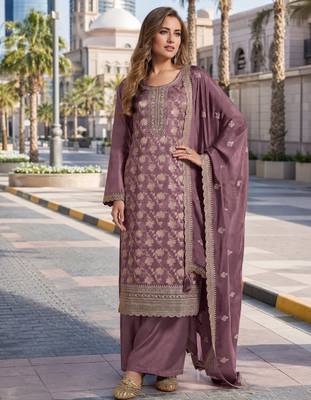 Purple viscose muslin suit with sequin & zari work 1