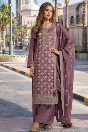 Purple viscose muslin semi stitched suit with sequence & zari work