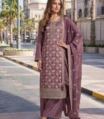 Purple viscose muslin semi stitched suit with sequence & zari work