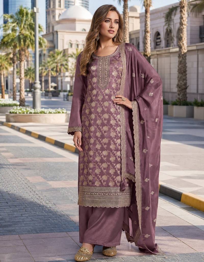 Purple viscose muslin semi stitched suit with sequence & zari work