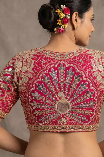 Ranipink italian silk heavy embroidered readymade blouse with real mirror and zari work