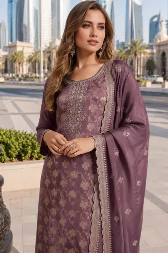 Purple viscose muslin suit with sequin & zari work