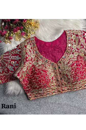 Ranipink italian silk heavy embroidered readymade blouse with real mirror and zari work