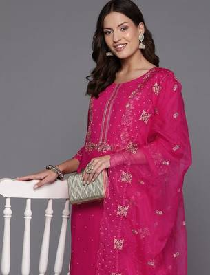 Women floral yoke design sequinned kurta with trousers & dupatta 1