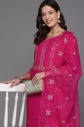 Women floral yoke design regular sequinned kurta with trousers & dupatta