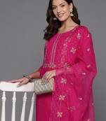 Women floral yoke design regular sequinned kurta with trousers & dupatta