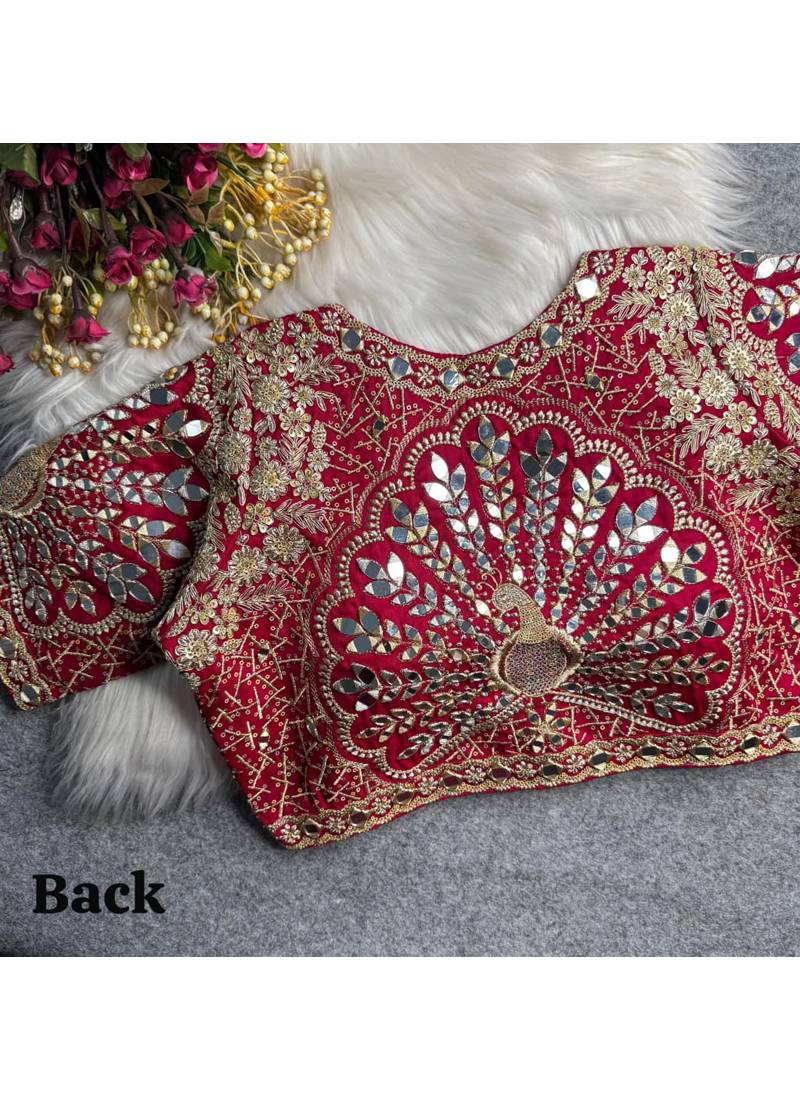 Ranipink italian silk heavy embroidered readymade blouse with real mirror and zari work