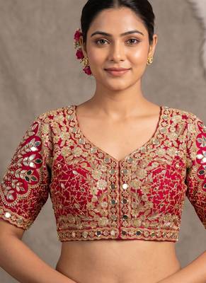 Red italian silk heavy embroidered readymade blouse with real mirror and zari work 1