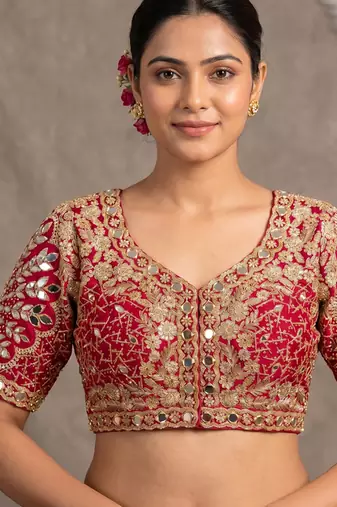 Red italian silk heavy embroidered readymade blouse with real mirror and zari work