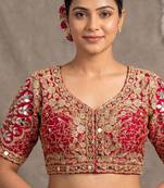 Red italian silk heavy embroidered readymade blouse with real mirror and zari work