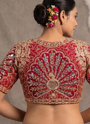 Red italian silk heavy embroidered readymade blouse with real mirror and zari work 2