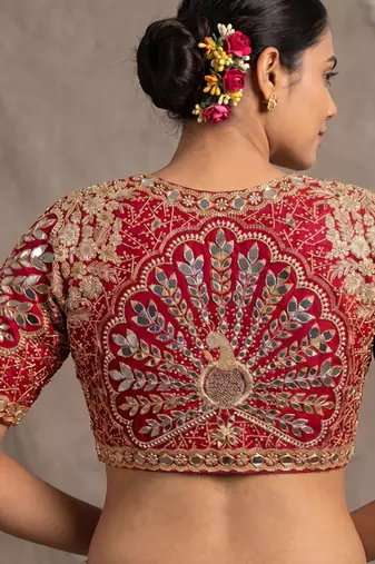 Red italian silk heavy embroidered readymade blouse with real mirror and zari work