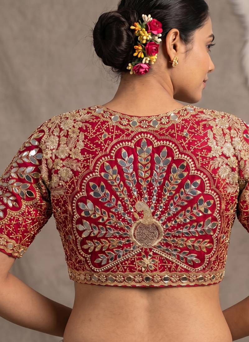 Red italian silk heavy embroidered readymade blouse with real mirror and zari work