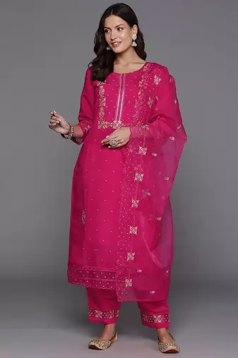 Women floral yoke design regular sequinned kurta with trousers & dupatta