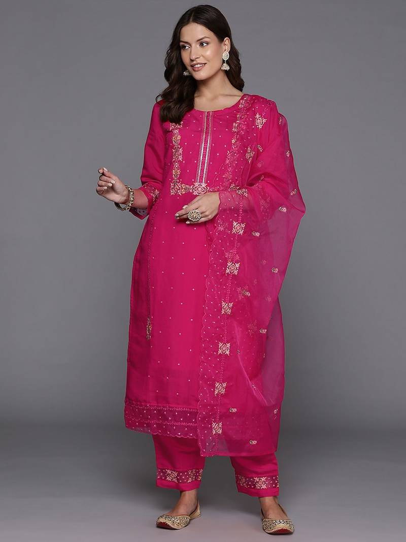 Women floral yoke design regular sequinned kurta with trousers & dupatta