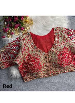 Red italian silk heavy embroidered readymade blouse with real mirror and zari work 3