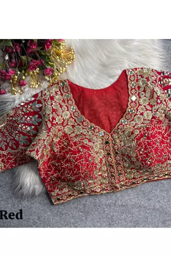 Red italian silk heavy embroidered readymade blouse with real mirror and zari work