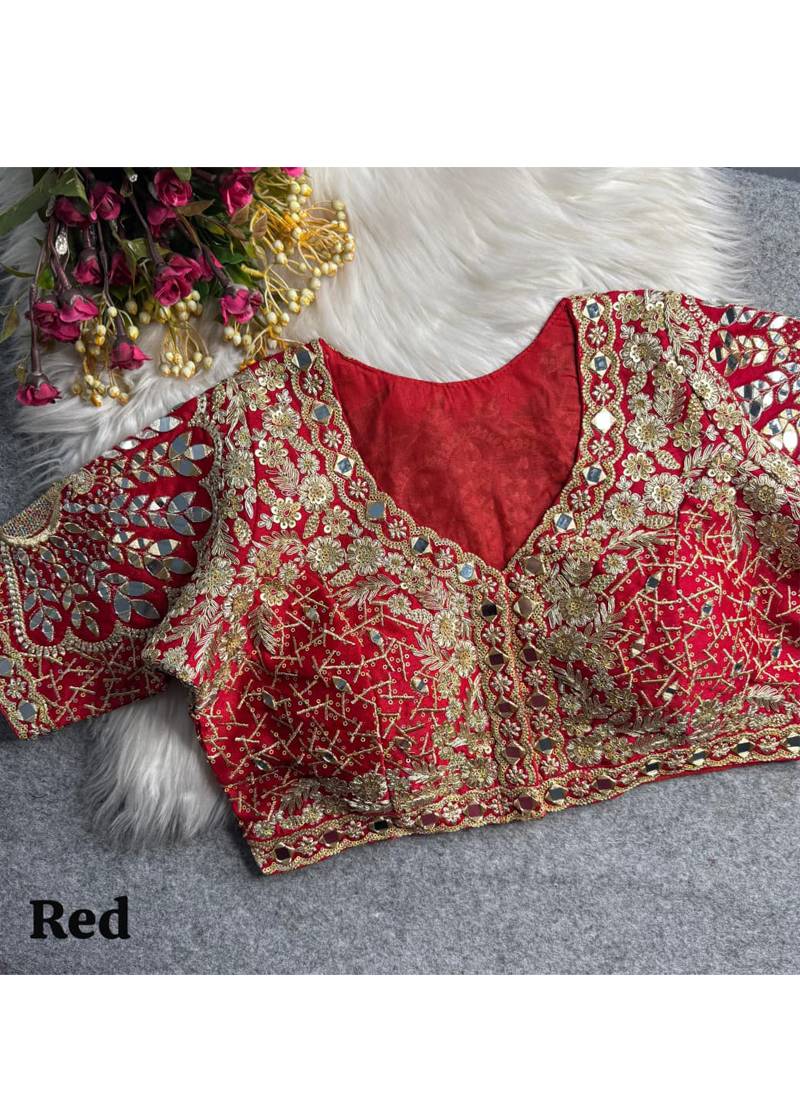 Red italian silk heavy embroidered readymade blouse with real mirror and zari work