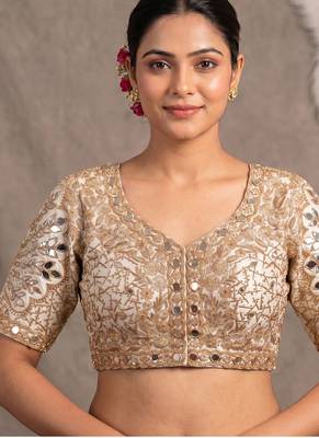 White italian silk heavy embroidered readymade blouse with real mirror and zari work 1