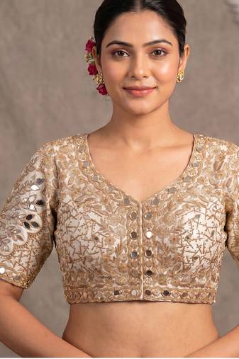 White italian silk heavy embroidered readymade blouse with real mirror and zari work