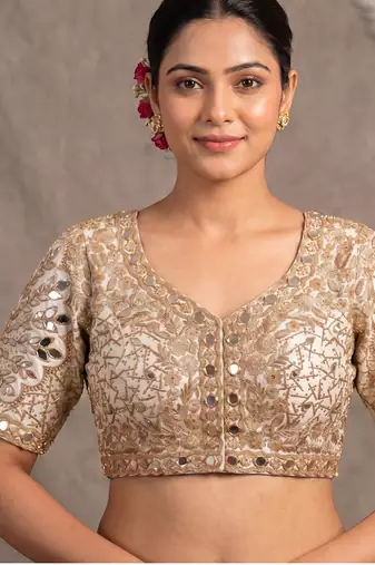White italian silk heavy embroidered readymade blouse with real mirror and zari work