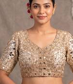 White italian silk heavy embroidered readymade blouse with real mirror and zari work