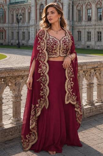 Red real premium silk stitched shrug suit with embroidery work