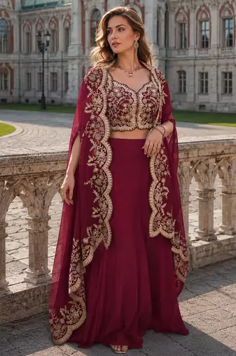 Red real premium silk stitched shrug suit with embroidery work