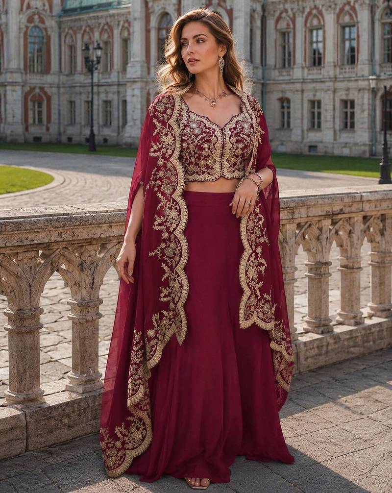 Red real premium silk stitched shrug suit with embroidery work