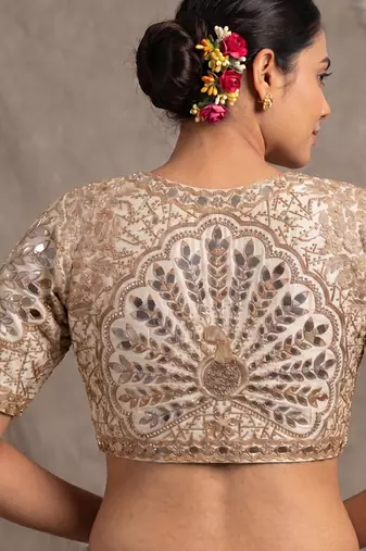 White italian silk heavy embroidered readymade blouse with real mirror and zari work
