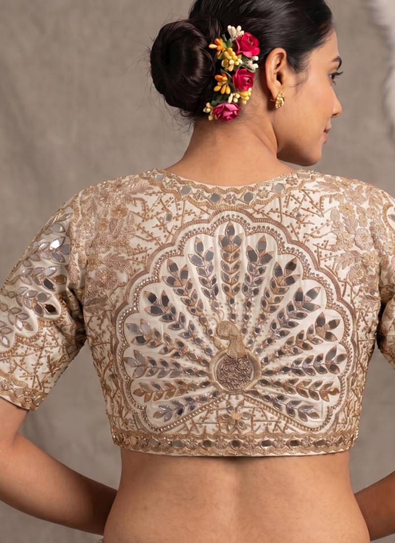 White italian silk heavy embroidered readymade blouse with real mirror and zari work