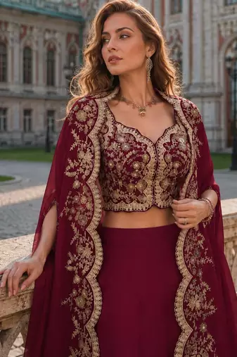 Red real premium silk stitched shrug suit with embroidery work